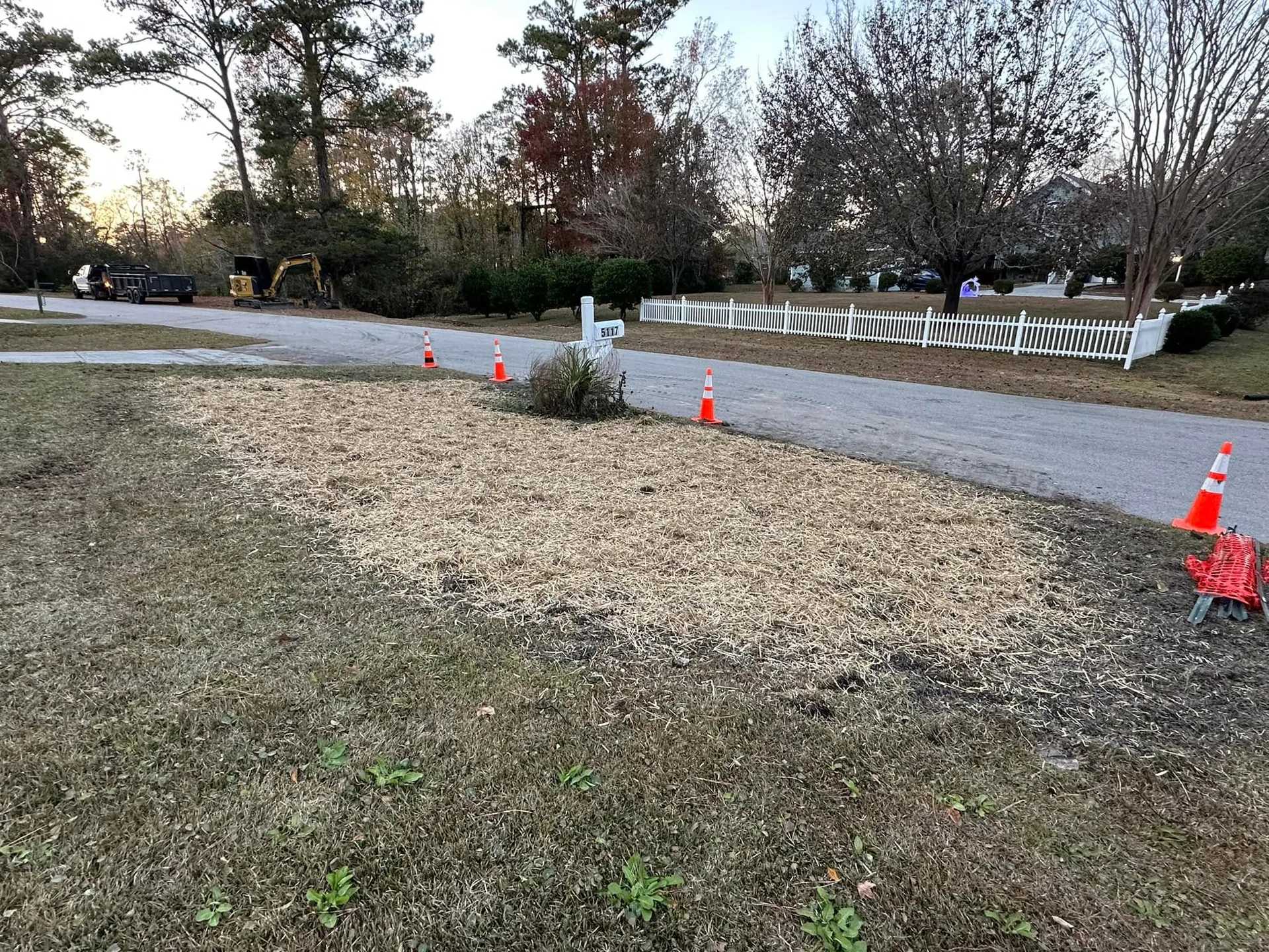 Straw Seeded Roadside Yard Repair Orange Cones Beaufort NC